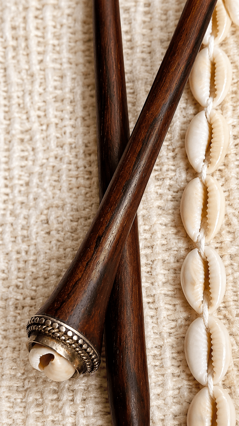Mykonos | Cowrie Shell Hair Stick in Rosewood with Alpaca Silver | Nomad Amara