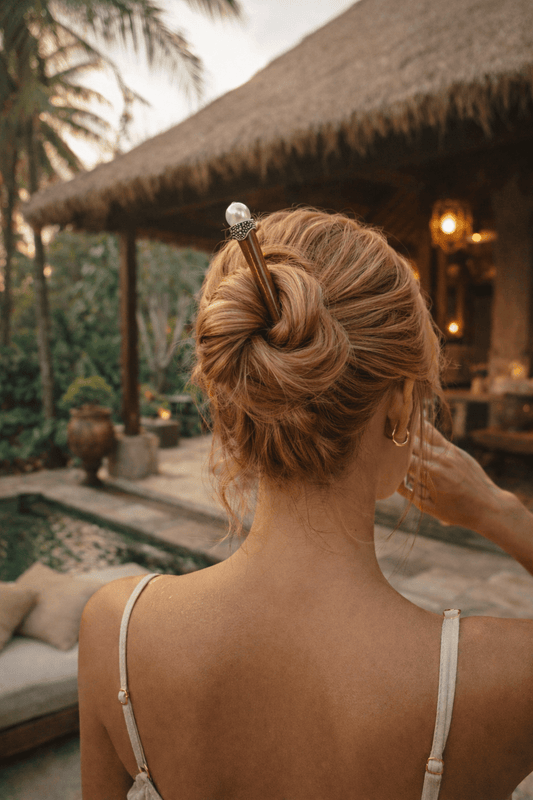 Bali| Freshwater Pearl Hair Stick in Rosewood with Alpaca Silver | Nomad Amara