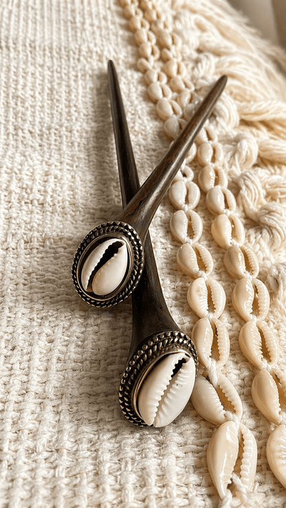 Mykonos | Cowrie Shell Hair Stick in Rosewood with Alpaca Silver | Nomad Amara