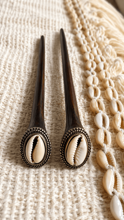 Mykonos | Cowrie Shell Hair Stick in Rosewood with Alpaca Silver | Nomad Amara