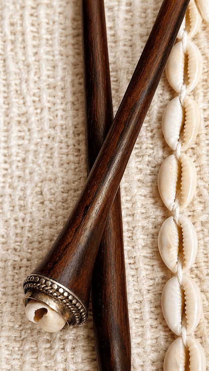 Mykonos | Cowrie Shell Hair Stick in Rosewood with Alpaca Silver | Nomad Amara