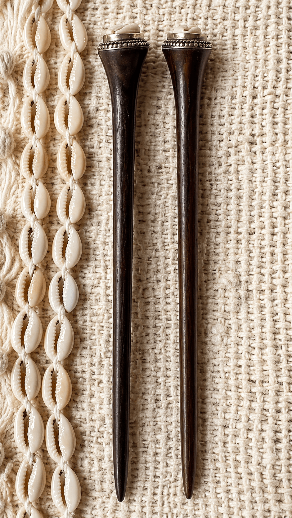 Mykonos | Cowrie Shell Hair Stick in Rosewood with Alpaca Silver | Nomad Amara