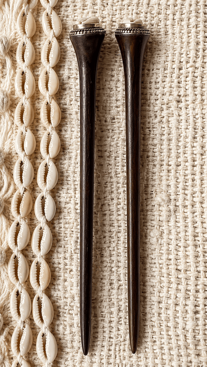 Mykonos | Cowrie Shell Hair Stick in Rosewood with Alpaca Silver | Nomad Amara