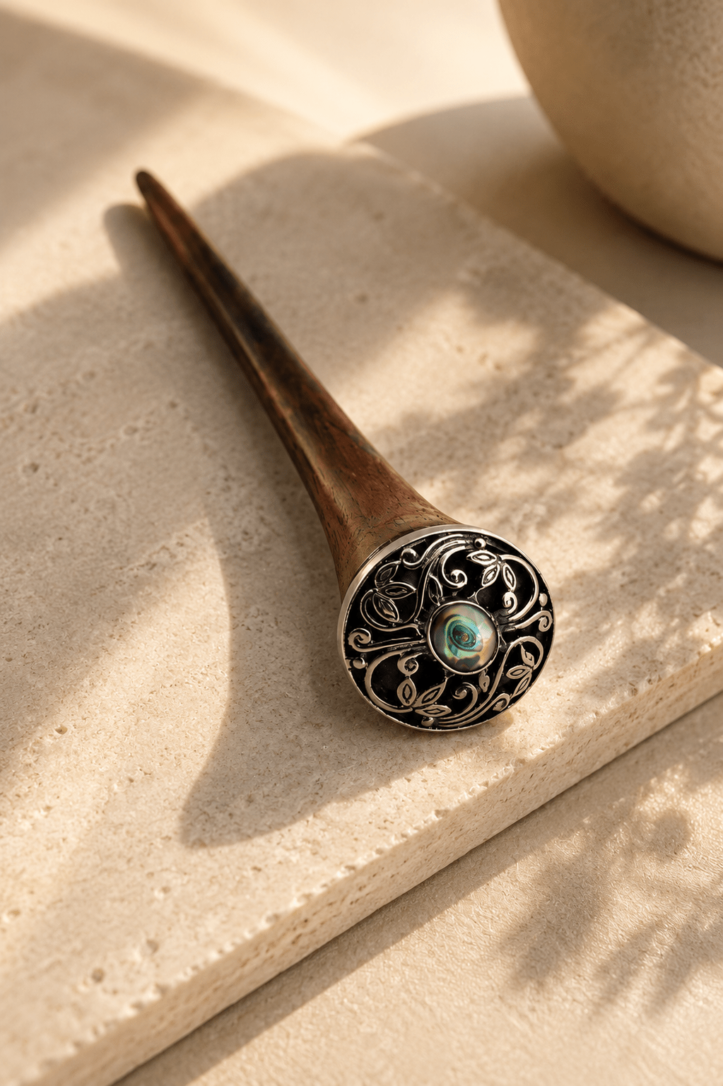 Vienna Wooden Hair Stick with Abalone Shell | Handcrafted Rosewood Hair Pin | Nomad Amara
