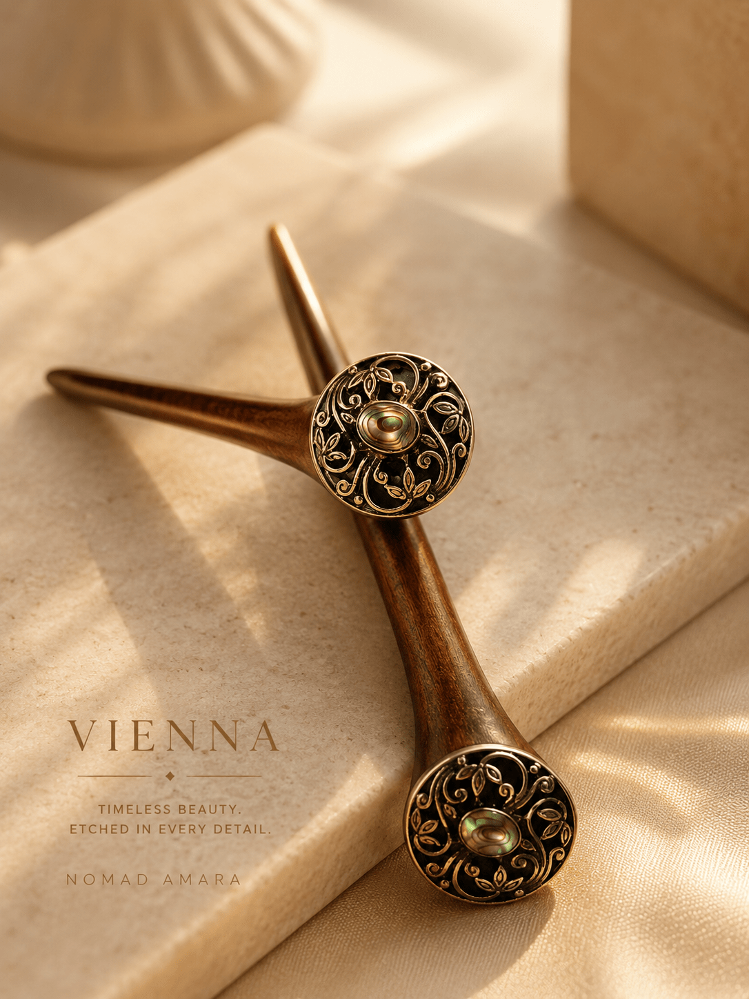 Vienna Wooden Hair Stick with Abalone Shell | Handcrafted Rosewood Hair Pin | Nomad Amara